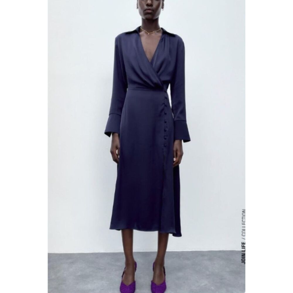 Zara Navy Satin Midi Faux Wrap Dress Button Slit Long Sleeve Navy Blue Size XS